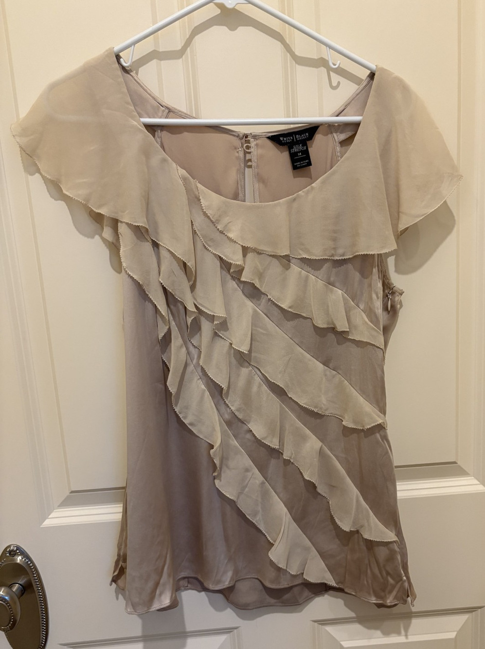 White House Black Market 6 Champagne Silk Stretch Cascading Ruffle Blouse Top
